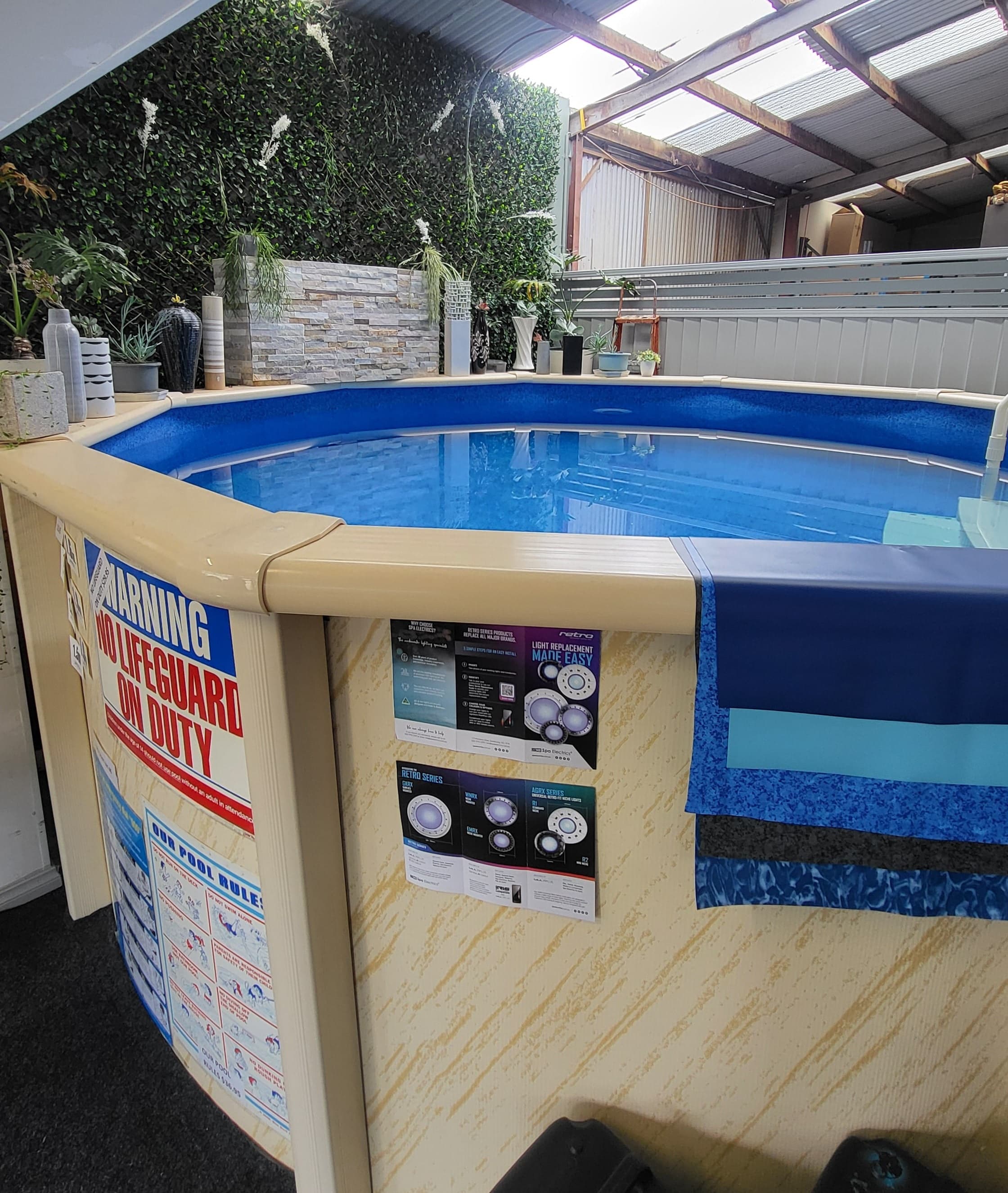 Above-ground pool display in the Pristine Pools showroom