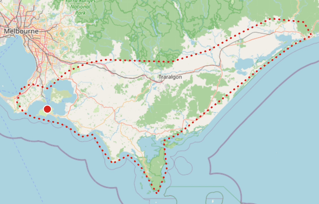 Map of the Pristine Pools service region, outlined with a red dotted line from the Mornington Peninsula and Phillip Island, along the Bass Coast and around Wilsons Promontory, to Lakes Entrance and back past Traralgon